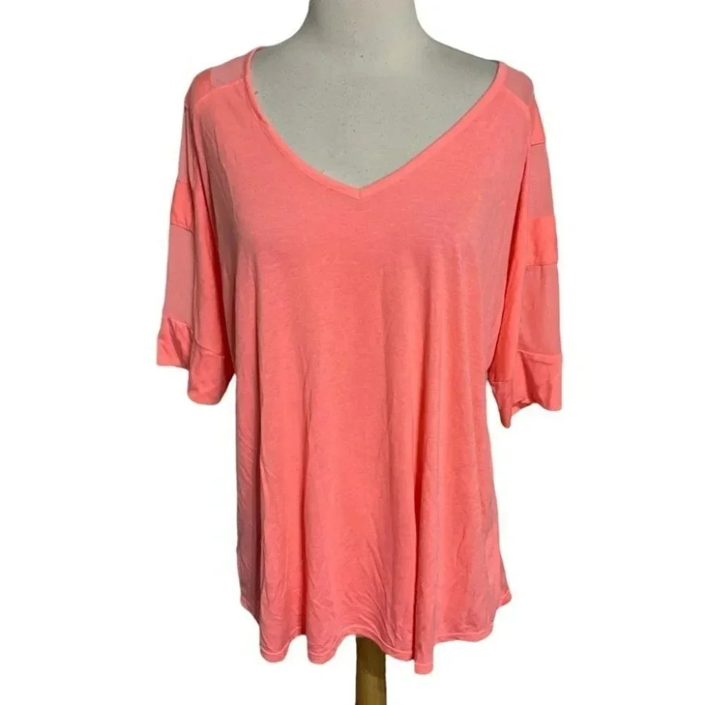 New York Laundry V-Neck T-Shirt XL Coral‎ Mesh Insert Modal Blend Relaxed Fit
